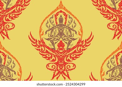 La Imagen ideal de Narayan en Garuda en tailandés. Patrón floral sin costuras en motivos de estilo damasco adecuado para Fondo de pantalla, cortina, ropa, textiles y tela. En archivos EPS de Vector Archivar.