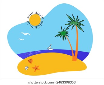 Ilustración de isla ideal con arena, palmera, estrella de mar, conchas, mar tranquilo, barco, gaviota, sol brillante. Imagen ideal del paraíso isleño para vacaciones de playa, turismo, fotos infantiles, póster