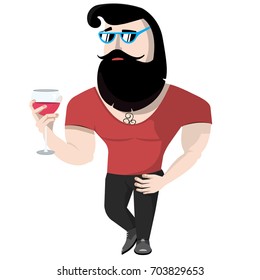 The ideal man with a beard and a glass of wine. A 
handsome bearded man with glasses in a vector. Modern man, hipster. An intellectual, a philanthropist and a good guy.