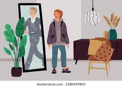 Ideal mirror reflection. Young guy dreams of becoming successful businessman. Handsome man in formal suit. Confident male. Boys daydreaming. Think about future career