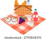 Ideal for outdoor dining, this set includes a picnic basket filled with bread, grapes, pretzels, juice bottles, cups, and a blanket. Perfect for food or picnicthemed designs.