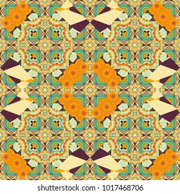 Ideal for printing on fabric or paper. Square scraps in oriental style. Vector illustration. Abstract seamless pattern in orange, yellow and brown colors.