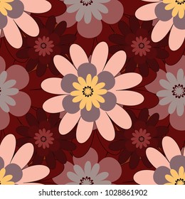 Ideal for printing on fabric or paper. Seamless brown, red and pink background with abstract flowers and elements. Vector retro illustration.