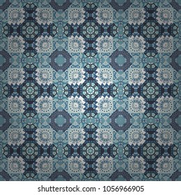 Ideal for printing on fabric or paper. Abstract seamless pattern in red, blue and gray colors. Square scraps in oriental style. Vector illustration.