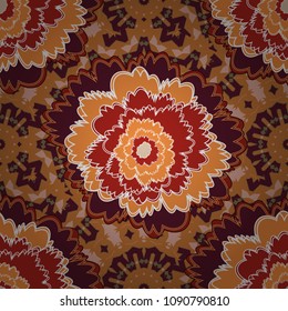 Ideal for printing on fabric or paper. Abstract seamless pattern in yellow, red and orange colors. Vector illustration. Square scraps in oriental style.