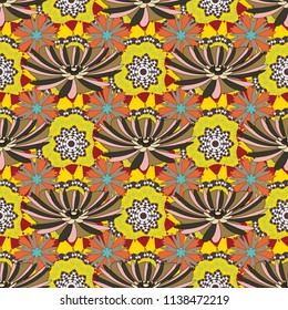 Ideal for printing on fabric or paper. Seamless yellow, beige and green background with abstract flowers and elements. Vector retro illustration.