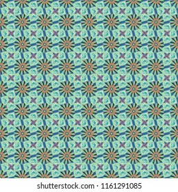 Ideal for printing on fabric or paper. Seamless green, blue and gray background with abstract flowers and elements. Vector retro illustration.