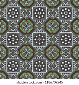 Ideal for printing on fabric or paper. Square scraps in oriental style. Abstract seamless pattern in brown, green and gray colors. Vector illustration.