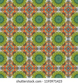 Ideal for printing on fabric or paper. Square scraps in oriental style. Abstract seamless pattern in blue, gray and orange colors. Vector illustration.