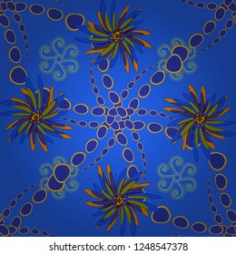 Ideal for printing on fabric or paper. Seamless violet, orange and blue background with abstract flowers and elements. Vector retro illustration.