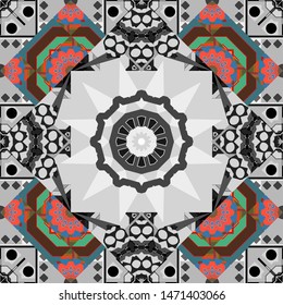 Ideal for printing on fabric or paper. Vector illustration. Abstract seamless pattern in purple, blue and gray colors. Square scraps in oriental style.