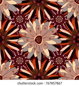 Ideal for printing on fabric or paper. Seamless black, red and pink background with abstract flowers and elements. Vector retro illustration.