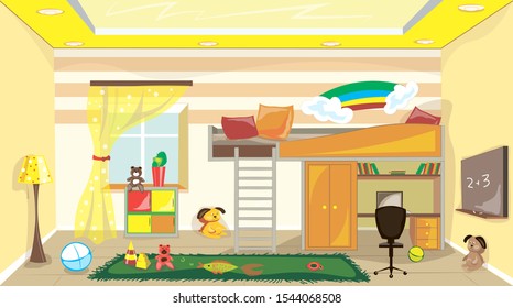 Ideal kid’s room interior, room for kids with toys and play ground, kids room ideas, kids room view