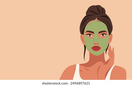 Ideal skin results. Facial cleansing, toning, creamy green mask. A beautiful woman takes care of her facial skin. Vector flat illustration for text, advertising, website, banner, posters, cover, flyer