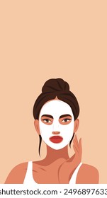 Resultados de piel ideales. Mascarilla blanca cremosa, tonificante y limpiadora facial. Una hermosa mujer cuida su piel facial. Ilustración plana de Vector para texto, publicidad, Sitio web, Anuncio, carteles, cubierta, volante