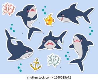 Ideal for stickers, pins or patches. Funny sharks catoon characters with fish, seaplant, bubbles in vector