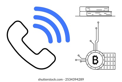 Ideal para temas de tecnología, comunicación, finanzas, educación y moneda digital. Un simple teléfono negro emite ondas de señal azules. Cerca hay una pila de libros y un símbolo de Bitcoin conectado