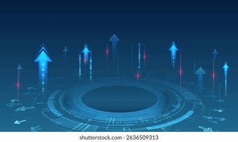 Ideal for topics related to cybersecurity, innovation, data processing and high-tech solutions. Futuristic background with glowing circle elements, binary code and moving arrows.