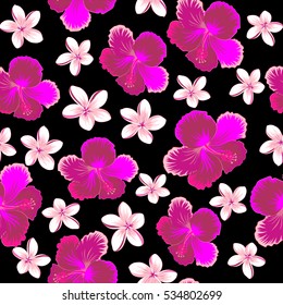 Ideal for web, card, fabric or textile. Vector seamless pattern of hibiscus flowers on a black. Creative universal floral pattern in magenta, pink and neutral colors. Hand Drawn tropical style texture