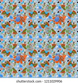 Ideal for web, card, poster, fabric or textile. Vector seamless pattern of hibiscus flowers. Hand Drawn tropical style texture. Creative universal floral pattern in gray, orange and blue colors.