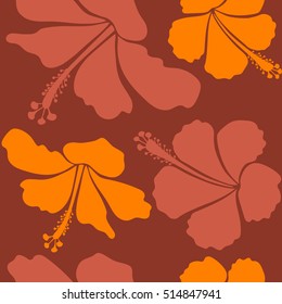 Ideal for web, card, poster, fabric or textile. Vector seamless pattern of hibiscus flowers. Creative universal floral pattern in brown and orange colors. Hand Drawn tropical style texture.