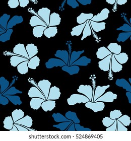 Ideal for web, card, poster, fabric or textile. Vector seamless pattern of hibiscus flowers on a black. Creative universal floral pattern in blue and neutral colors. Hand Drawn tropical style texture.