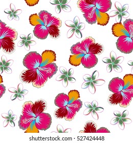 Ideal for web, card, poster, fabric or textile. Hand Drawn tropical style texture. Vector seamless pattern of hibiscus flowers on a white. Creative universal floral pattern in green and red colors.
