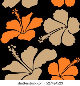 Ideal for web, card, poster, fabric or textile. Vector seamless pattern of hibiscus flowers on a black. Creative universal floral pattern in orange and beige colors. Hand Drawn tropical style texture.