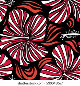 Ideal for web, card, poster, fabric or textile. Vector seamless pattern of hibiscus flowers on a black. Creative universal floral pattern in red and white colors. Hand Drawn tropical style texture.