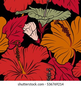 Ideal for web, card, poster, fabric or textile. Creative universal floral pattern in red and orange colors. Hand Drawn tropical style texture. Vector of hibiscus flowers on a black.