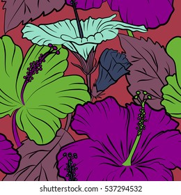 Ideal for web, card, poster, fabric or textile. Vector seamless pattern of hibiscus flowers on red background. Creative universal floral pattern in multicolor tropical style. Hand Drawn textures.