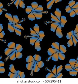 Ideal for web, card, poster, fabric or textile. Hand Drawn tropical style texture. Vector seamless pattern of hibiscus flowers on a black. Creative universal floral pattern in blue and orange colors.