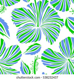 Ideal for web, card, poster, fabric or textile. Vector seamless pattern of hibiscus flowers on a white. Creative universal floral pattern in blue and white colors. Hand Drawn tropical style texture.