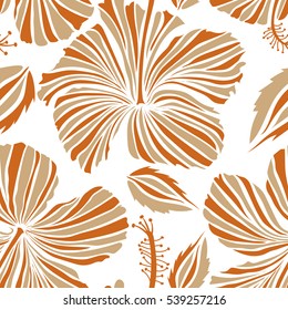 Ideal for web, card, poster, fabric or textile. Vector of hibiscus flowers on a white. Creative universal floral pattern in white and beige colors. Hand Drawn tropical style texture.