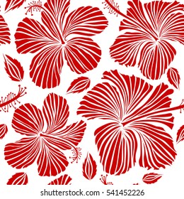 Ideal for web, card, poster, fabric or textile. Hand Drawn tropical style texture. Vector seamless pattern of hibiscus flowers on a white. Creative universal floral pattern in red colors.