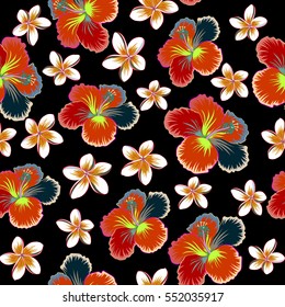 Ideal for web, card, poster, fabric or textile. Creative universal floral pattern in red colors. Hand Drawn tropical style texture. Vector seamless pattern of hibiscus flowers on a black.