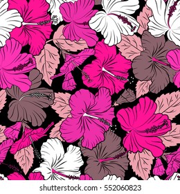 Ideal for web, card, poster, fabric or textile. Hand Drawn tropical style texture. Vector of hibiscus flowers on a black. Creative universal floral pattern in pink, white and magenta colors.