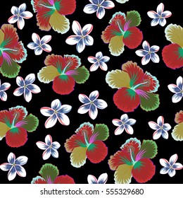 Ideal for web, card, poster, fabric or textile. Creative universal floral pattern in red and green colors. Hand Drawn tropical style texture. Vector seamless pattern of hibiscus flowers on a black.