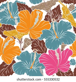 Ideal for web, card, poster, fabric or textile. Creative universal floral pattern in blue, orange and yellow colors. Hand Drawn tropical texture. Vector seamless pattern of hibiscus flowers on a white