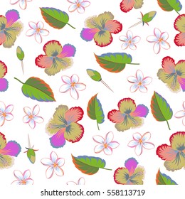 Ideal for web, card, poster, fabric or textile. Vector seamless pattern of hibiscus flowers on a white. Creative universal floral pattern in blue and pink colors. Hand Drawn tropical style texture.