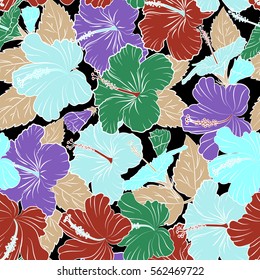 Ideal for web, card, poster, fabric or textile. Vector seamless pattern of hibiscus flowers on a black. Creative universal floral pattern in red and violet colors. Hand Drawn tropical style texture.