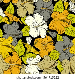 Ideal for web, card, poster, fabric or textile. Creative universal floral pattern in yellow colors. Hand Drawn tropical style texture. Vector seamless pattern of hibiscus flowers on a black.