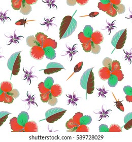 Ideal for web, card, poster, fabric or textile. Vector seamless pattern of hibiscus flowers on a white. Creative universal floral pattern in blue and green colors. Hand Drawn tropical style texture.