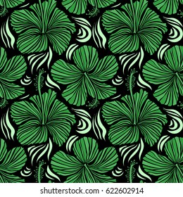 Ideal for web, card, poster, fabric or textile. Hand Drawn tropical style texture. Vector seamless pattern of hibiscus flowers on a black. Creative universal floral pattern in green colors.