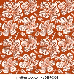 Ideal for web, card, poster, fabric or textile. Creative universal floral pattern in white color. Hand Drawn tropical style texture. Vector seamless pattern of hibiscus flowers on a orange.