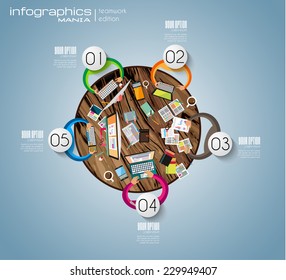 Ideal Workspace for teamwork and brainsotrming with Flat style. A lot of design elements are included: computers, mobile devices, desk supplies, pencil,coffee mug, sheeets,documents and so on