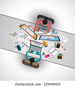Ideal Workspace for teamwork and brainsotrming with Flat style. A lot of design elements are included: computers, mobile devices, desk supplies, pencil,coffee mug, sheeets,documents and so on