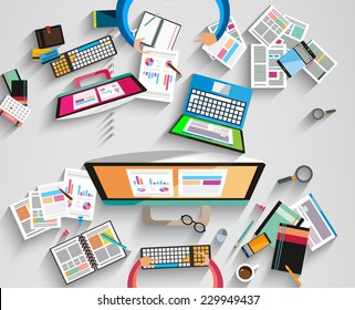 Ideal Workspace for teamwork and brainsotrming with Flat style. A lot of design elements are included: computers, mobile devices, desk supplies, pencil,coffee mug, sheeets,documents and so on