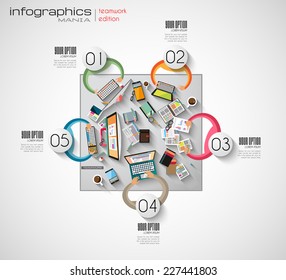 Ideal Workspace for teamwork and brainstorming with Flat style. A lot of design elements are included: computers, mobile devices, desk supplies, pencil,coffee mug, sheets,documents and so on