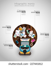 Espacio de trabajo ideal para trabajo en equipo y lluvia de ideas de estilo Flat. Se incluyen muchos elementos de diseño: computadoras, dispositivos móviles, suministros de escritorio, lápiz, taza de café, sábanas, documentos, etc.